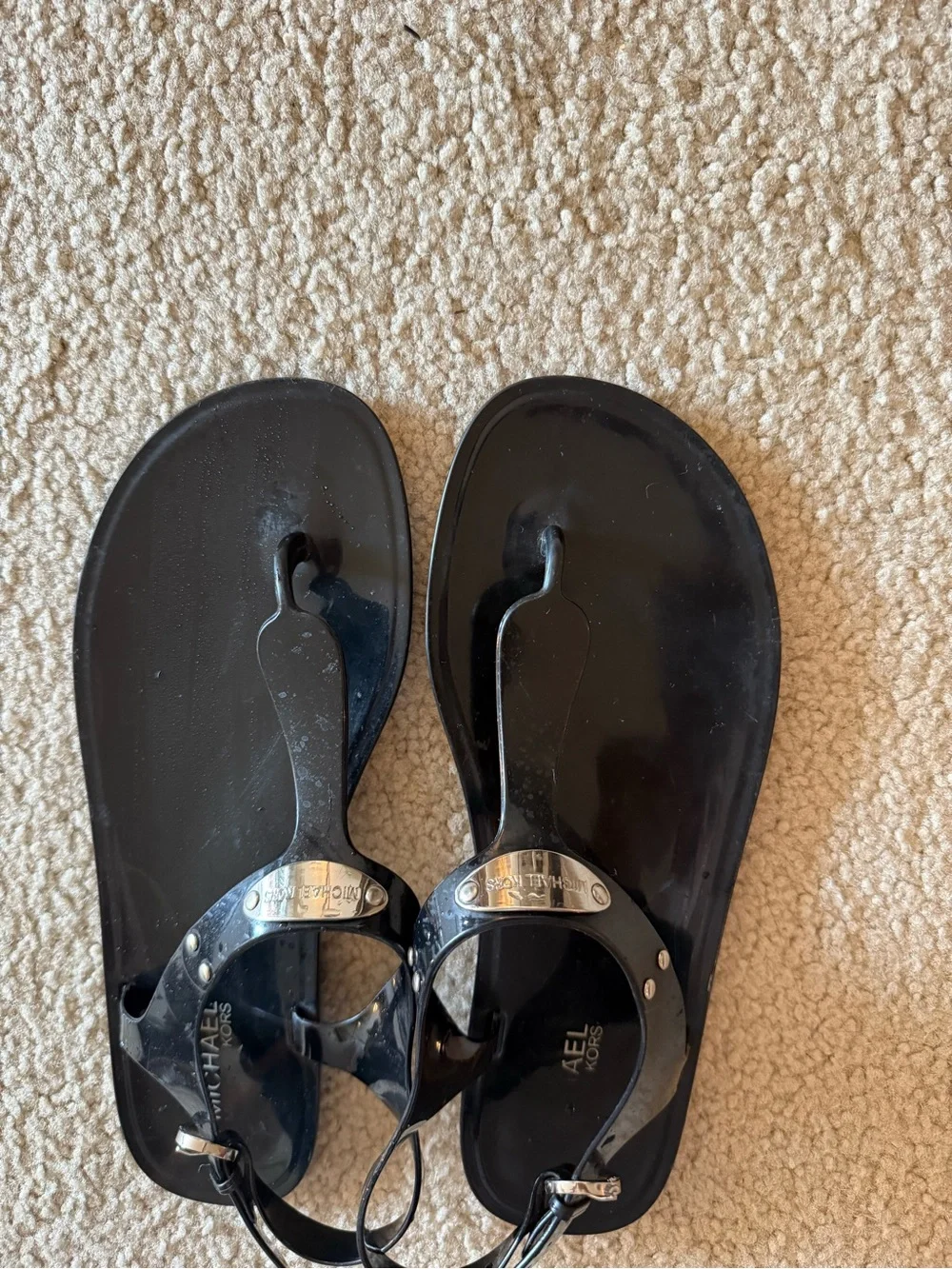 Michael Kors Black Jelly T-Strap Sandals with Logo Plaque